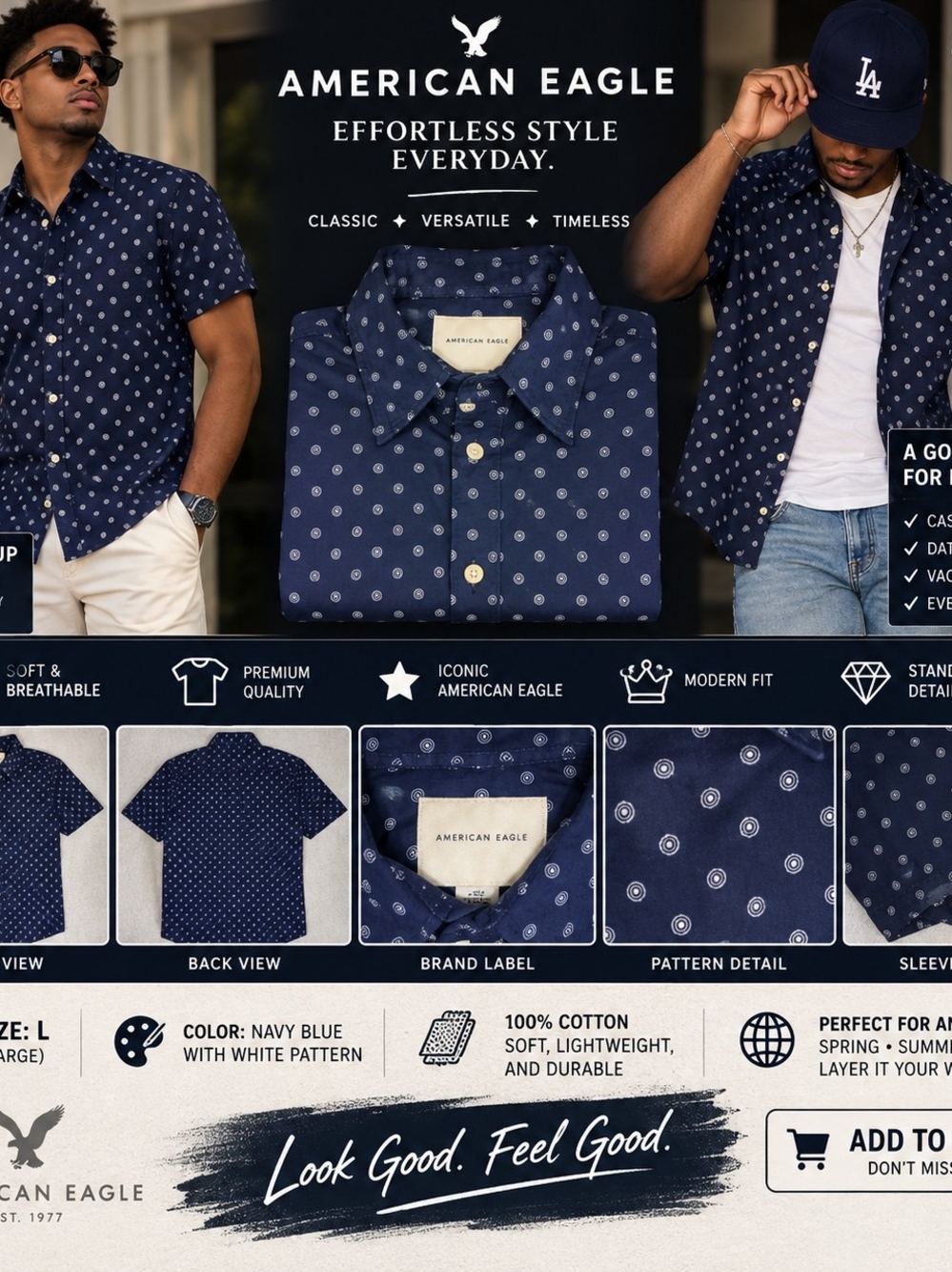American Eagle Navy Geometric Print Short Sleeve Button-Up Shirt